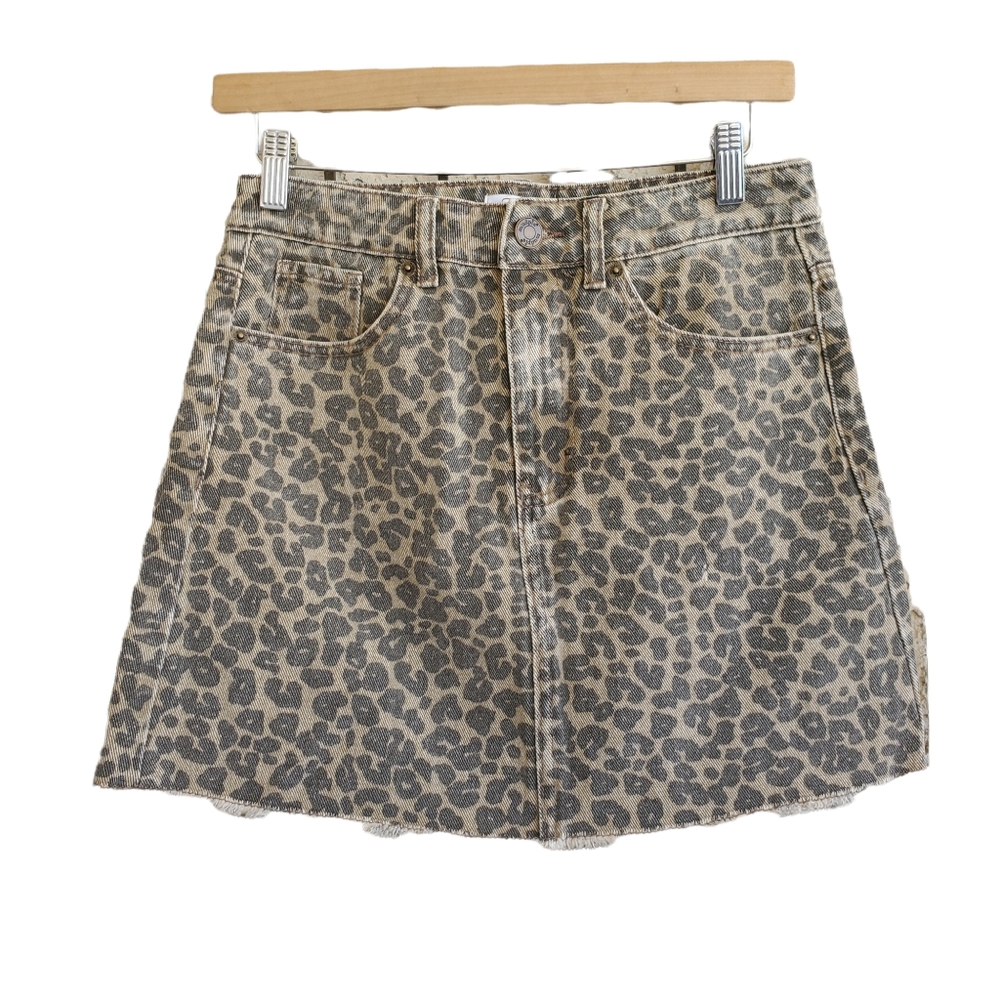 Mud Pie Leopard Print Jean Skirt Distressed Raw Hem Button Zipper Fly Cotton